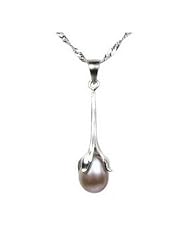7 - 8 mm Teardrop Freshwater Pearl Flower Bud Pendant, Sterling Silver Setting, Sterling Silver Chain Included, Packaged in a Velveteen Gift Box
