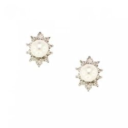 White Akoya Cultured Pearl & Diamond Stud Earrings in Solid Gold