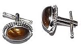 Cuff Links Pair Men Sterling Silver Tiger's eye Gemstone Antique Reproduction (cflng123)