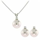 Sterling Silver Simulated Pearl and Simulated Diamond cz Earring and Pendant Jewelry Set