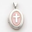 Sterling Silver Pink MOP (Mother of Pearl) Cross2-frame Oval Locket with 20 inch Sterling Silver Chain
