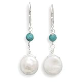 11mm Coin Pearl and Faceted Turquoise Bead Lever Back Earrings