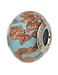 Genuine Zable (TM) Product. 925 Sterling Silver Light Blue and Copper Glitter Murano Glass Bead Charm. 100% Satisfaction Guaranteed.