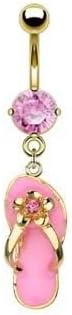 Pretty Pink Flip flop Sandle Gold plated Dangle Belly button Navel Ring 14 gauge