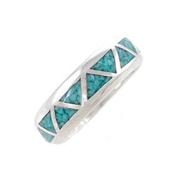 Southwestern Style Turquoise Chip Inlay Chevron Ring in Sterling Silver for Men or Women, Sizes, 5, 6, 7, 8, 9, 10, 11, 12, 13, 14, and 15, #7896