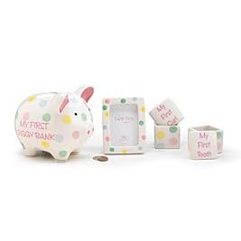 Baby Girl 4 Piece Gift Set With My First Piggy Bank, Picture Frame, My First Tooth Saver Cup And My First Curl Saver Cup Nursery Decor