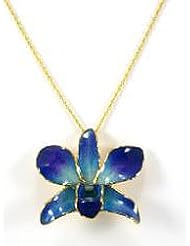 REAL FLOWER Gold Orchid Necklace Pendant Purple Blue