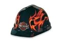 Harley Davidson Mens or Womens Black Hard Hat With Red Flames, Safety Cap, adjusts to any head size. Complies with standard safety regulations (ANSI Z89.1-2003, Type I, Class E). Tough,lightweight polyethylene construction, Harley Davidson Bar & Shield on front with graphic flames and Harley block script on back side, HDHHAT10