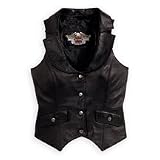 Harley Davidson Women's Cycle Diva Leather Vest. Lightweight lambskin. Feminine styling with notch collar. Button front. Poly lining. Adjustable tab at back waist. Two flap pockets. Custom hardware. Bar & Shield logo embellished with clear Swarovski crystals. 98130-08VW