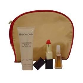 Pheromone by Marilyn Miglin for Women 4 Piece Travel Set Includes: 0.12 oz Miniature Collectible + 1.5 oz Body Lotion + Moisture Balanced Lipstick (Le Rouge) + Cosmetic Bag