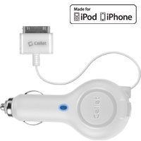 Cellet White Retractable Car Charger for Apple iPod Touch, nano, iPhone 3G, 3GS, 4 and 4S