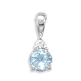 Rhodium Plated Sterling Silver 5mm Blue Topaz/2mm Clear CZ Pendant