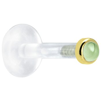 14 Gauge 3/8 Inches Solid 14KT Yellow Gold 2mm Genuine Peridot Bioplast Push in Labret