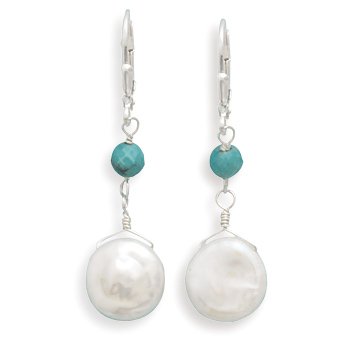11mm Coin Pearl and Faceted Turquoise Bead Lever Back Earrings