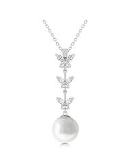Alexander James White Gold Rhodium Bonded Tear Pendant Featuring Three CZ Accented Butterflies on a White Shell Pearl in Silvertone Chain Included