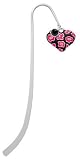 Hot Pink Enamel Cheetah Print Heart Silver Plated Charm Bookmark with Jet Black Swarovski Drop