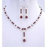 Brd737 Custom Bridal Jewelry Dark Siam Red Swarovski Crystals & White Pearls Drop Down Necklace Set With Gift Box