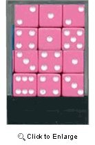 1 Dozen Square Pink Dice with White Pips in Organza Storage Bag - Bunco Supplies or Casino-Themed Weddings and Parties
