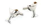 Silver plated and enamel martini glass and olive "007" cufflinks with presentation box. Made in the U.S.A