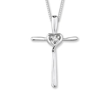14K White Gold Diamond Heart Cross Pendant