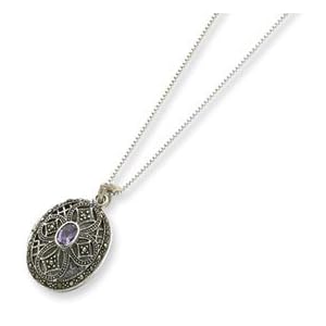 Sterling Silver Marcasite Amethyst Locket on Chain Necklace - 24 Inch - Spring Ring
