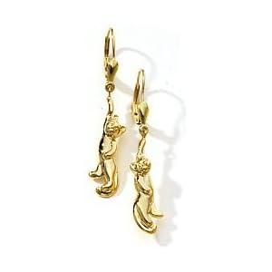 14k Gold Dangling Cat Earrings with Leverbacks