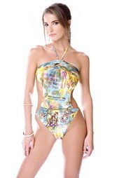 Single piece halter monokini teddy with bandeau style top