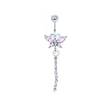 Jeweled CZ Pink Butterfly Navel Belly Button Dangling Ring. 14g 316L surgical stainless steel.