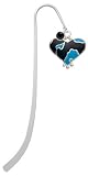 Hot Blue Enamel Large Cheetah Print Heart Silver Plated Charm Bookmark with Jet Black Swarovski Drop