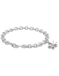 6 3/4 In Sterling Silver Pink Sapphire Butterfly Charm Bracelet For Girls