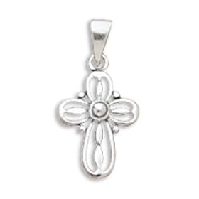Child's Oval Design Polished Sterling Silver Cross Pendant, 13-inch child's chain