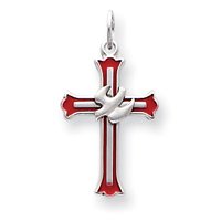 Sterling Silver Enameled Cross w/Dove Charm with 20 Inch Sterling Silver Chain