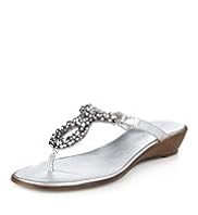Leather Multi-Faceted Bead Embellished Wedge Sandals