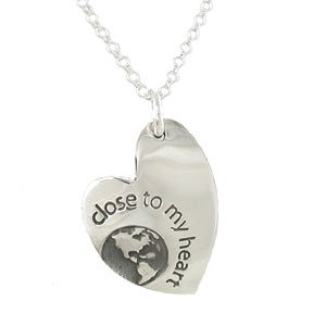 CLOSE TO MY HEART Heart Shaped Earth Pendant in Sterling Silver on a 16" Rolo Chain, #7907