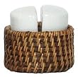 Woven Rattan Round Basket with White Ceramic Half Round Salt & Pepper Shakers 2.5" x 4" x 5"