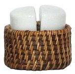 Woven Rattan Round Basket with White Ceramic Half Round Salt & Pepper Shakers 2.5" x 4" x 5"
