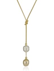Majorica 2/14mm Pearls on Love Knot Lariat Pendant Necklace