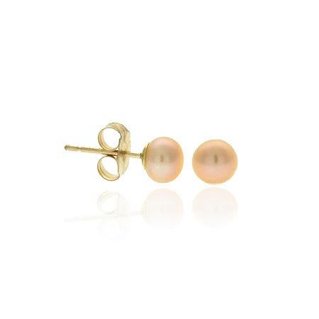 14K Gold Genuine Freshwater Cultured Pink 4.5-5mm Button Pearl Stud Earrings