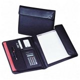 Tri-Fold Padfolio w/Calculator, Leather Look Vinyl, Snap, Storage Pockets, Black