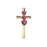 14K Yellow Gold Heart Genuine Pink Tourmaline Cross Pendant