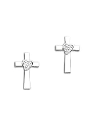 Cross with Heart Earrings Screw Back Available in 14K Yellow Gold and White Gold