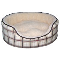 Posh Plaid Oval Dog Bed with Leather Trim - X-Large - Khaki - 26.5 x 30 in.