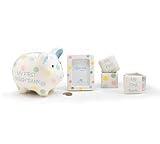 Baby Boy 4 Piece Gift Set With My First Bank, Photo Frame, My First Curl Cup And My First Tooth Cup with Lids Great Keepsake Gift For New Baby