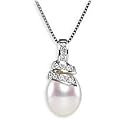 14k White Gold Drop Cultured Pearl and Diamond Pendant with Chain