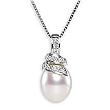 14k White Gold Drop Cultured Pearl and Diamond Pendant with Chain