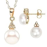 14k Triple Diamonds Cultured Pearl Set