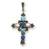 Sterling Silver Multi-Color Stone Cross Pendant