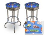 2 Blue Train Fabric Specialty / Custom Barstools Set