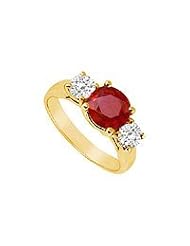 Three Stone Ruby and Diamond Ring : 14K Yellow Gold - 1.75 CT TGW