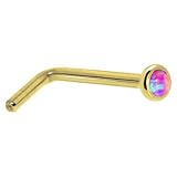 Solid 14KT Yellow Gold 2mm Fuchsia Synthetic Opal L-Shaped Nose Ring - 18 Gauge